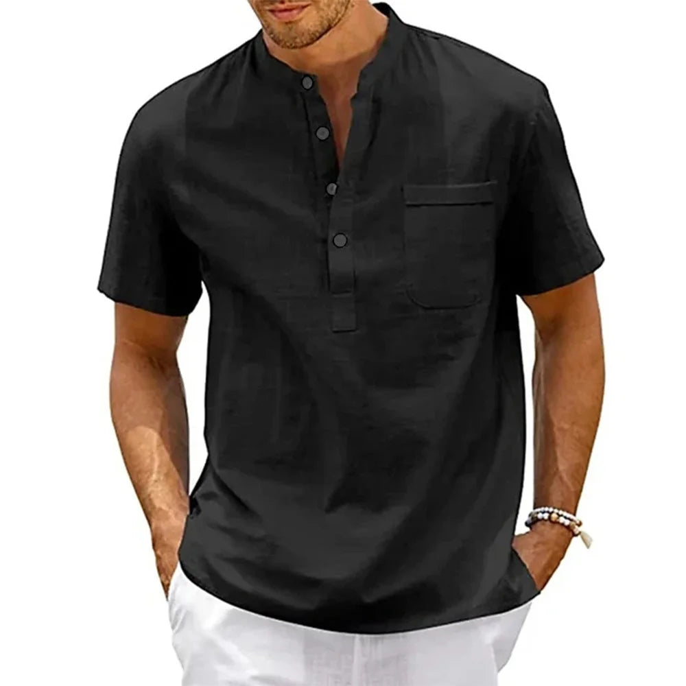 Camisa Henley Masculina em Linho e Algodão