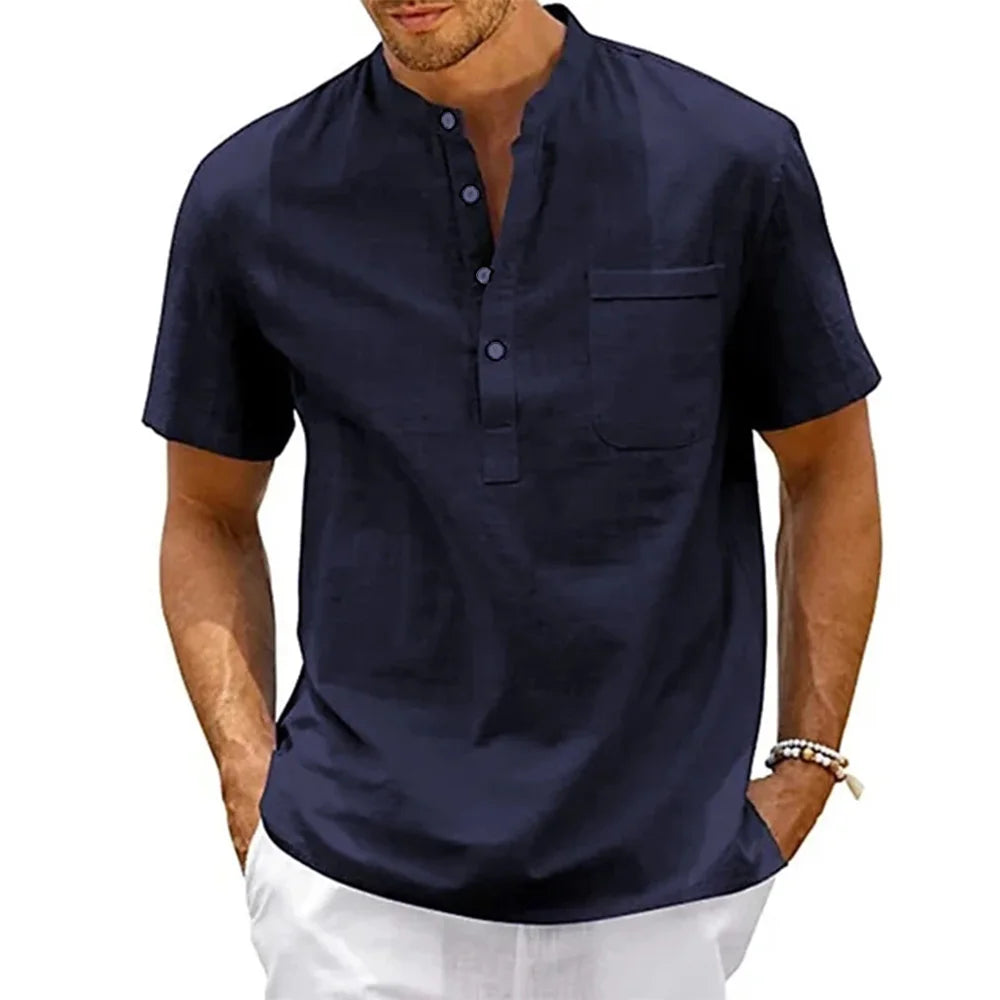 Camisa Henley Masculina em Linho e Algodão