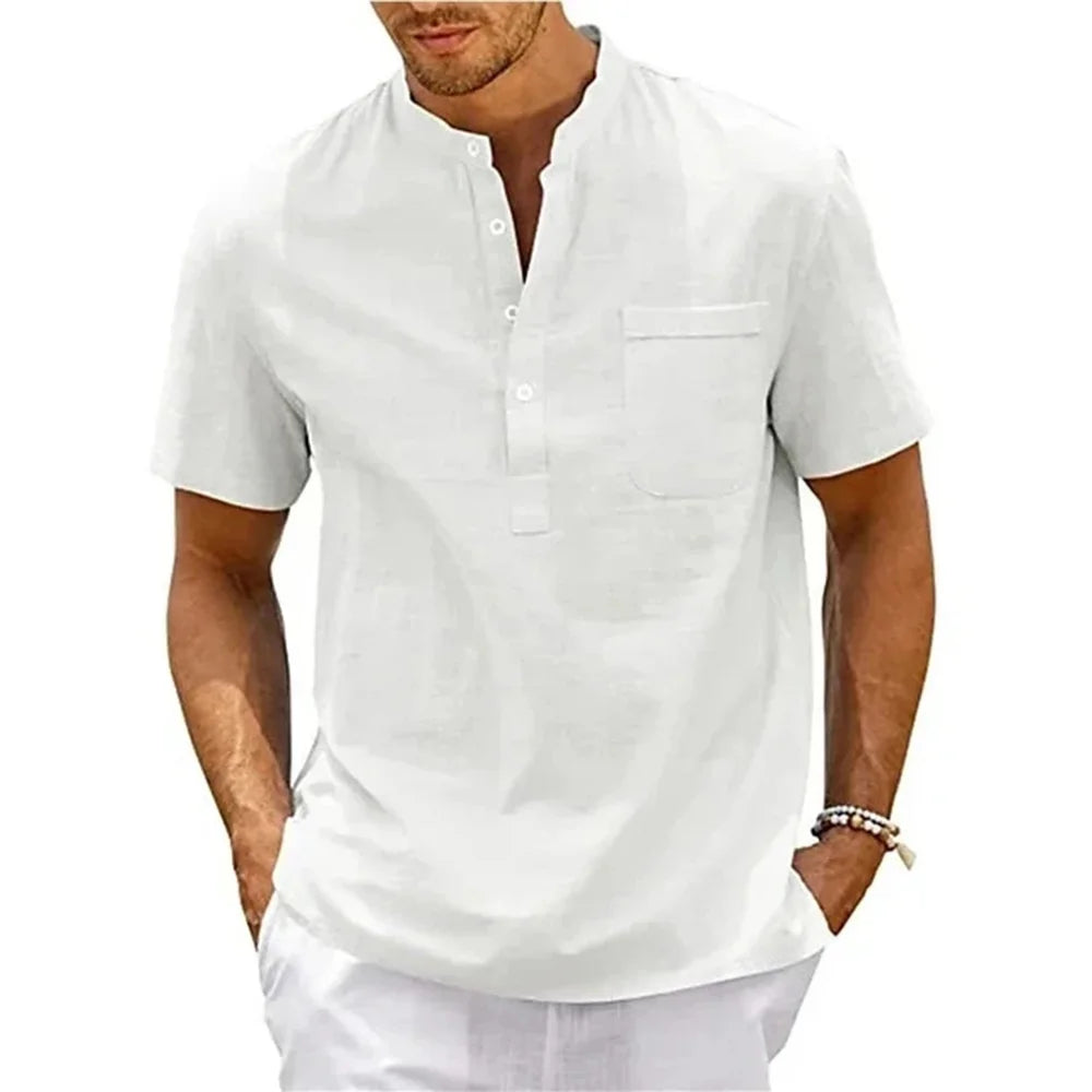 Camisa Henley Masculina em Linho e Algodão